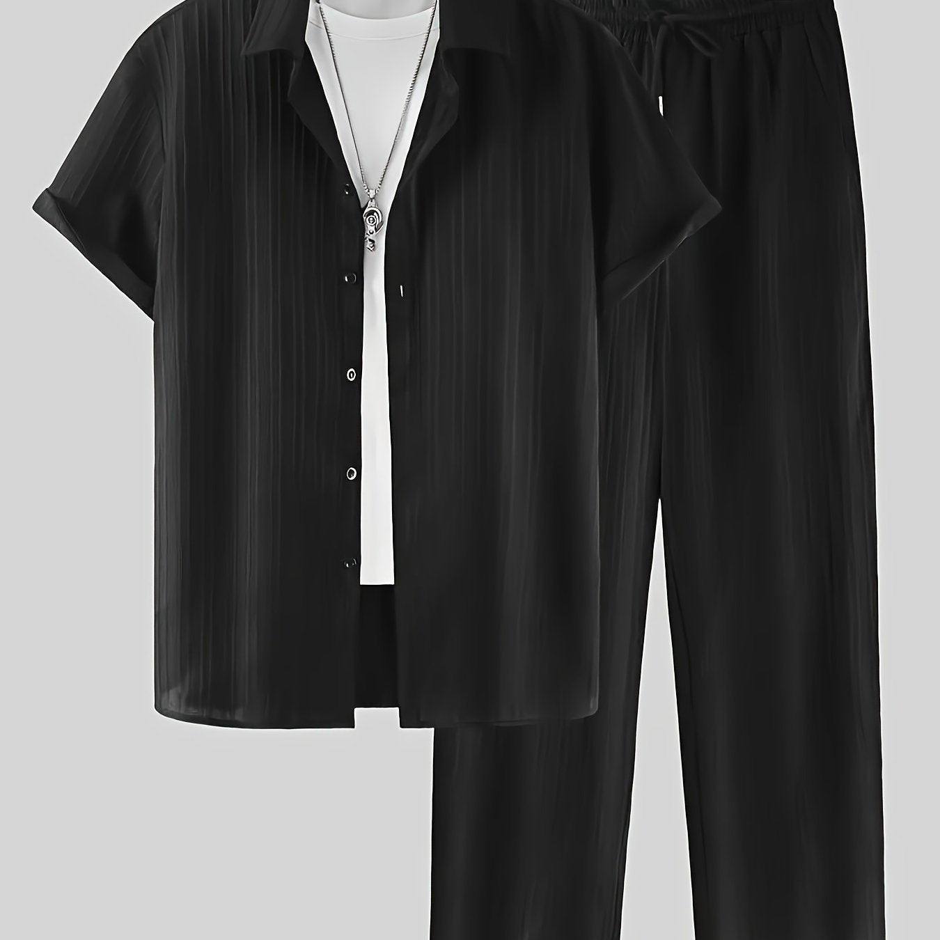 Fashionable Men's 2-Piece Set - Striped Button Shirt & Drawstring Pants   OAXG 