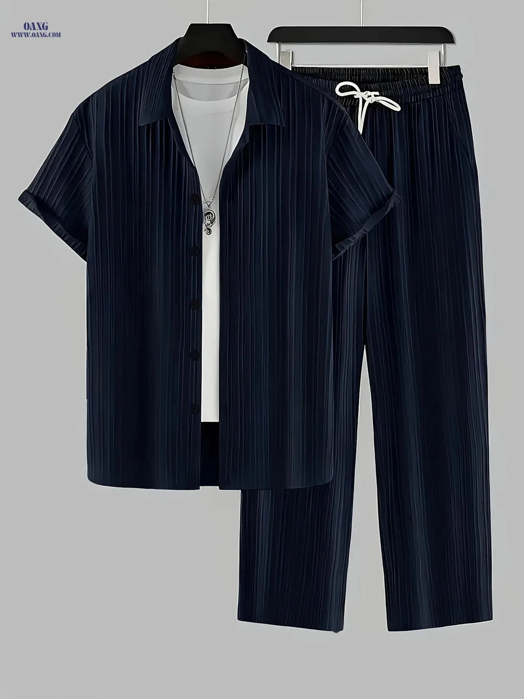 Fashionable Men's 2-Piece Set - Striped Button Shirt & Drawstring Pants   OAXG Navy Color / FR S