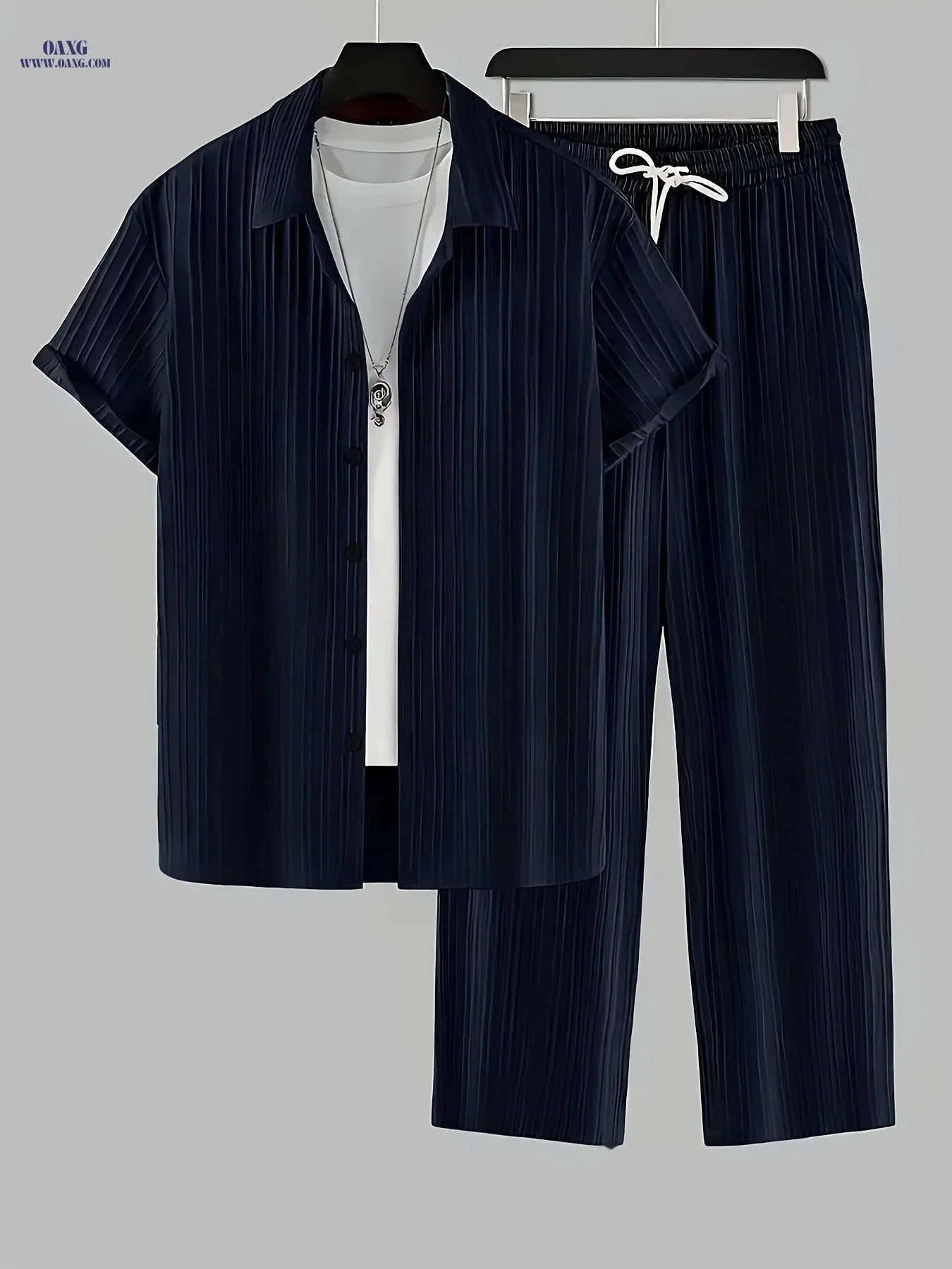 Fashionable Men's 2-Piece Set - Striped Button Shirt & Drawstring Pants   OAXG Navy Color / FR S