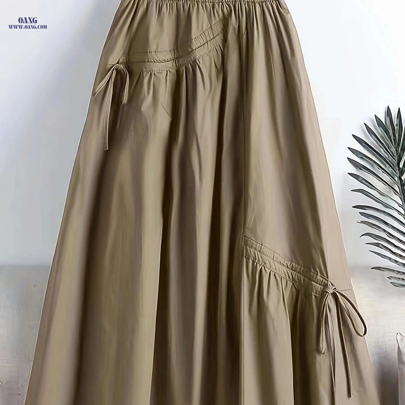 Fashionable Mid-Length Drawstring Skirt - Elegant Polyester for All Seasons   OAXG Khaki / Asian S