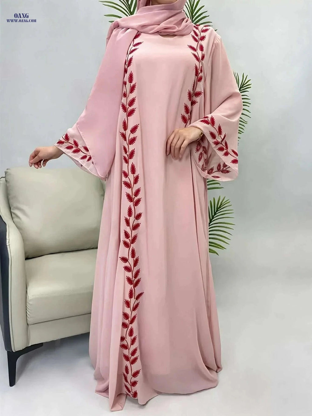 Fashionable Pink Embroidered Abaya Set - Long Robe & Headscarf   OAXG Green / S