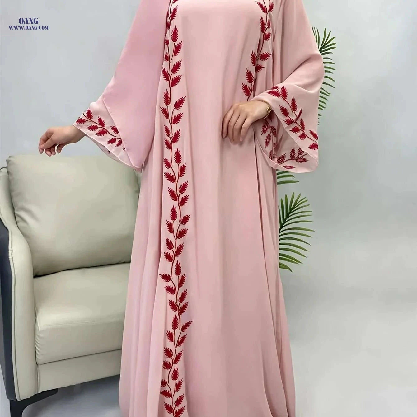 Fashionable Pink Embroidered Abaya Set - Long Robe & Headscarf   OAXG Green / S