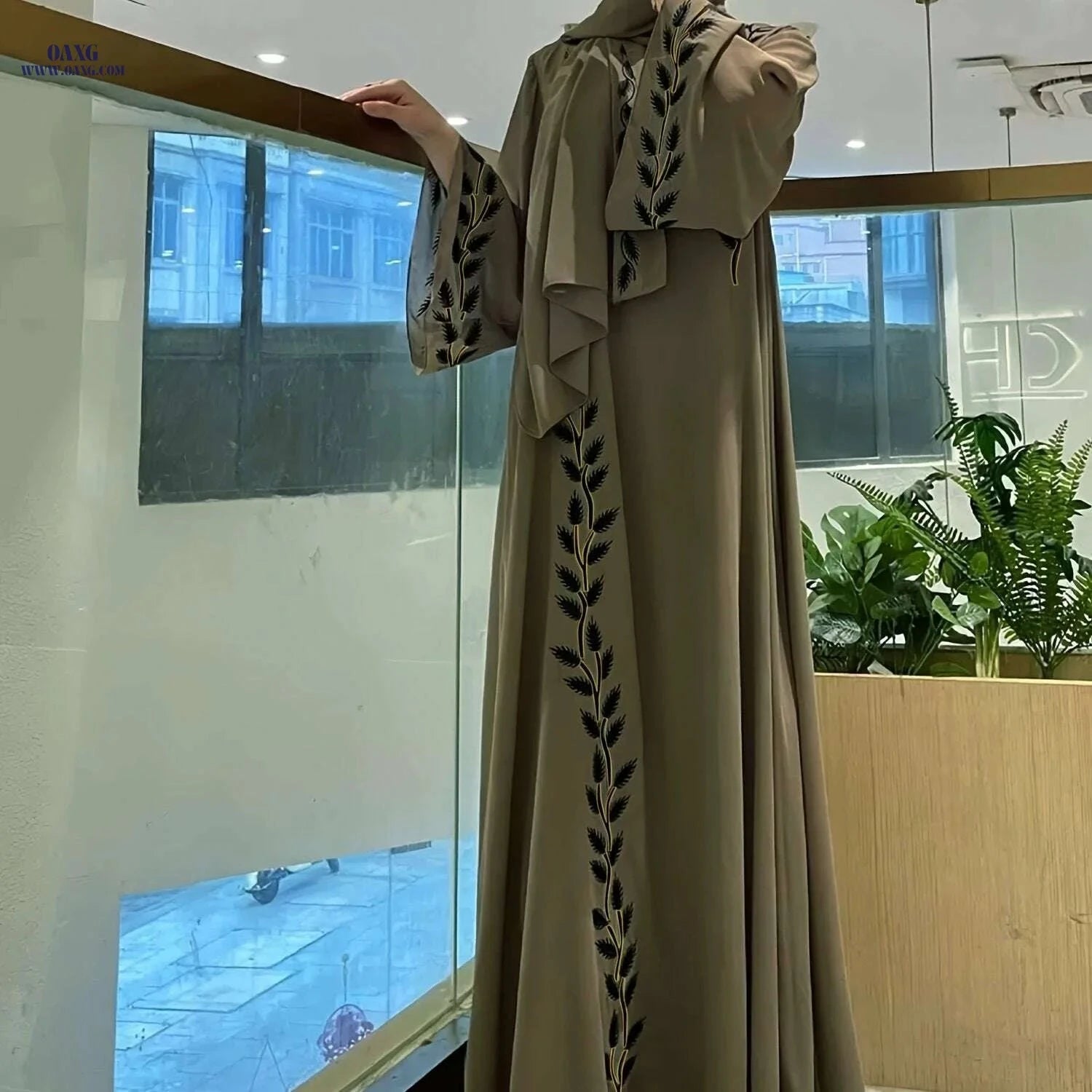 Fashionable Pink Embroidered Abaya Set - Long Robe & Headscarf   OAXG 