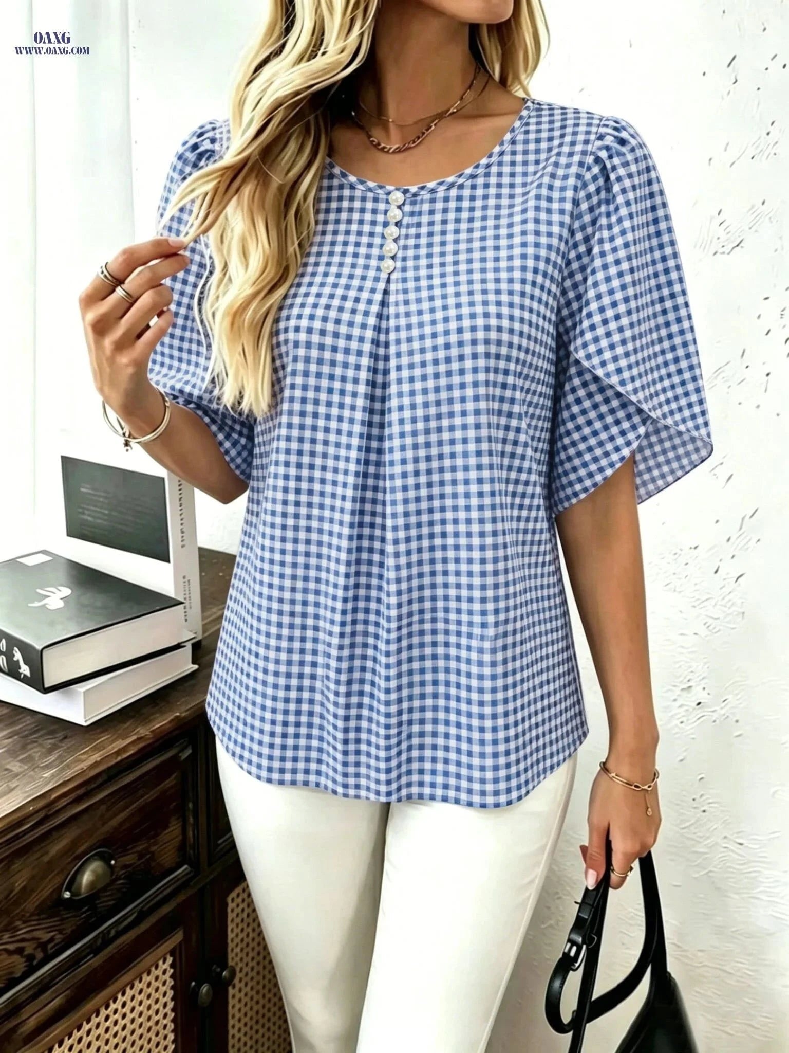 Fashionable Plaid Summer Top - Short Sleeve, Faux Pearl Detail   OAXG Mixed colors / S
