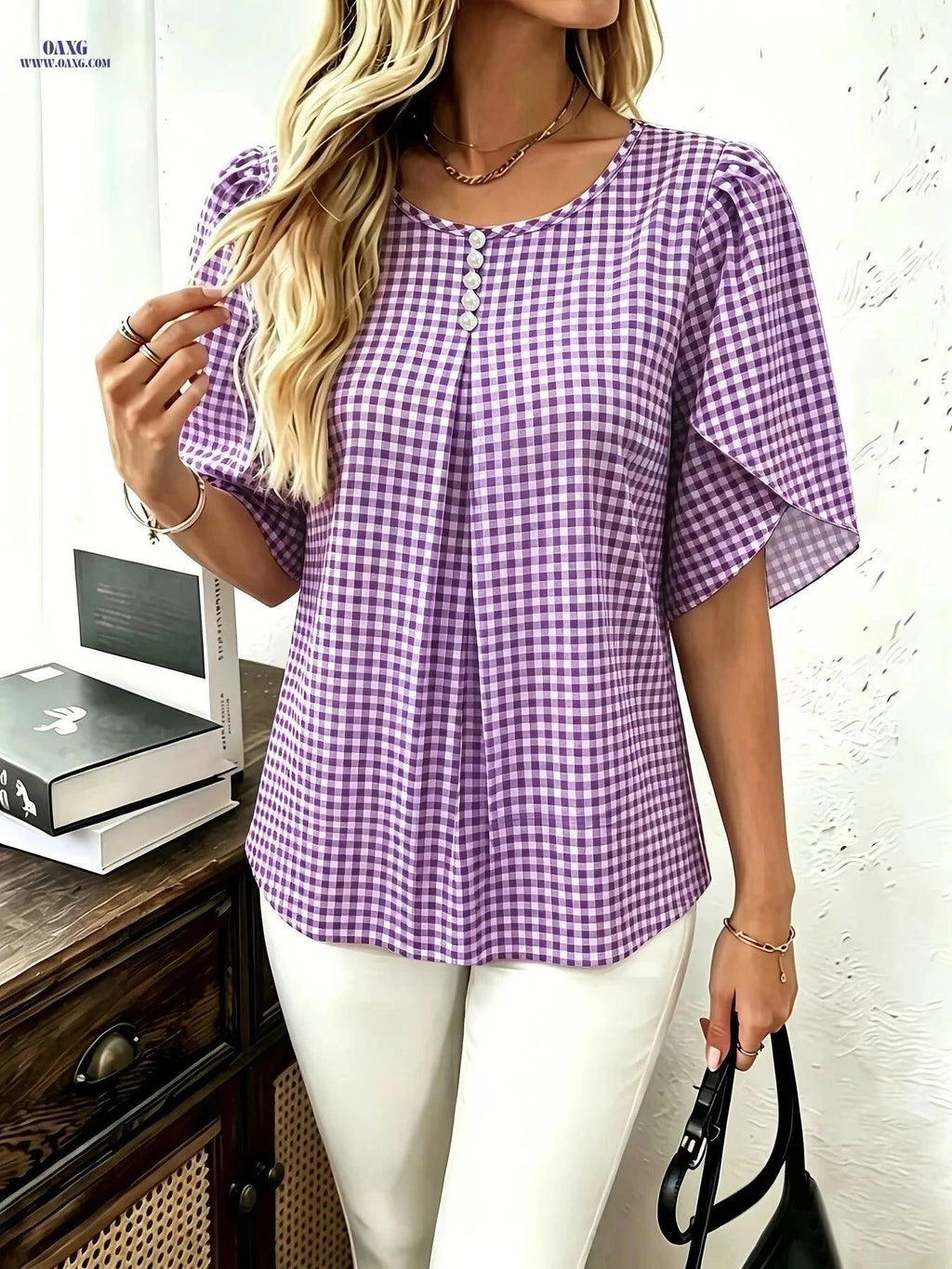 Fashionable Plaid Summer Top - Short Sleeve, Faux Pearl Detail   OAXG Mixed colors / S