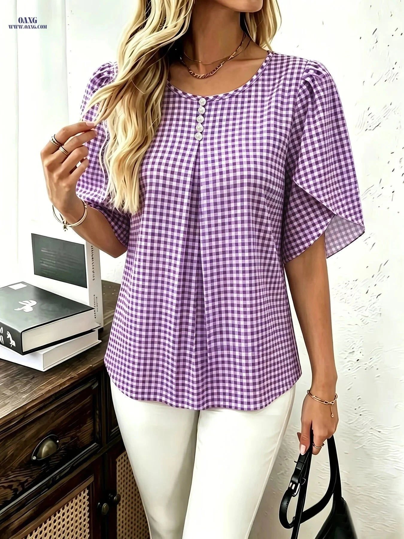 Fashionable Plaid Summer Top - Short Sleeve, Faux Pearl Detail   OAXG Mixed colors / S