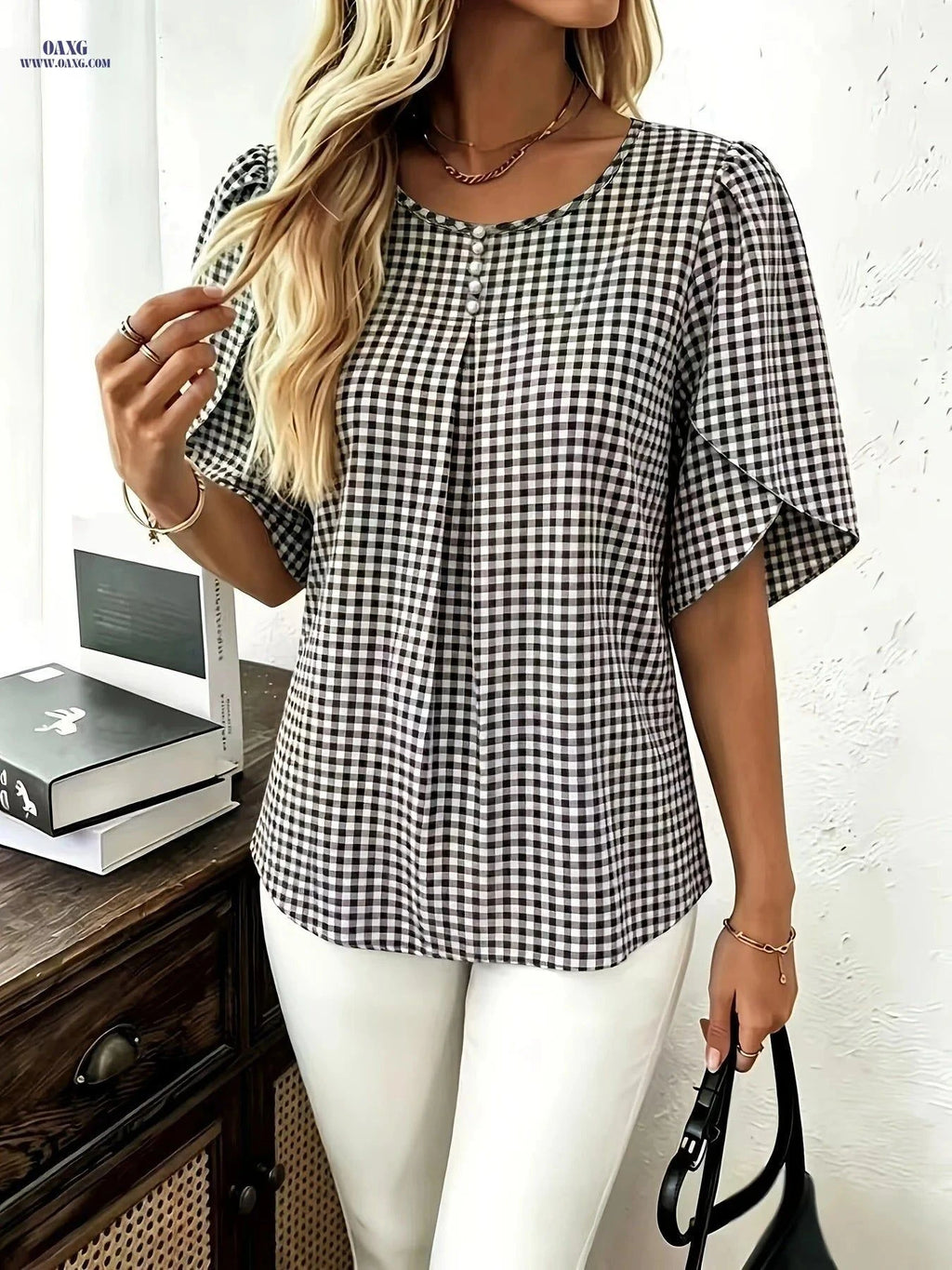 Fashionable Plaid Summer Top - Short Sleeve, Faux Pearl Detail   OAXG Mixed colors / S