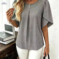 Fashionable Plaid Summer Top - Short Sleeve, Faux Pearl Detail   OAXG Mixed colors / S