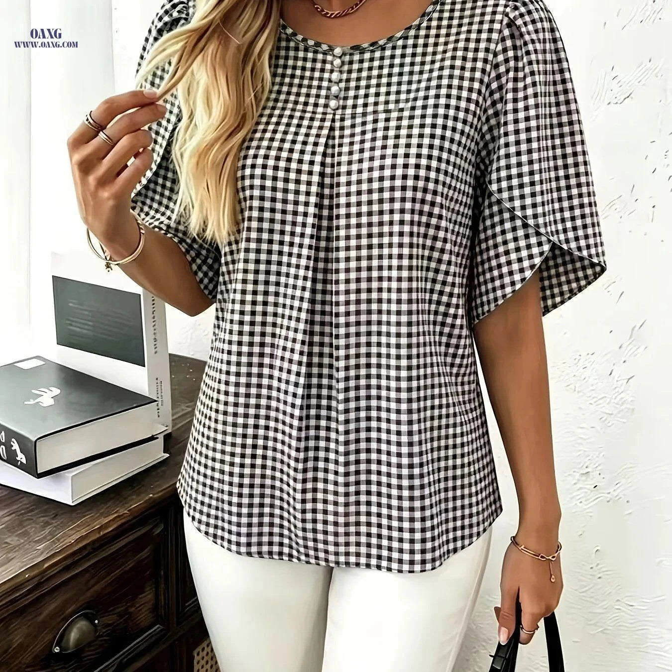 Fashionable Plaid Summer Top - Short Sleeve, Faux Pearl Detail   OAXG Mixed colors / S