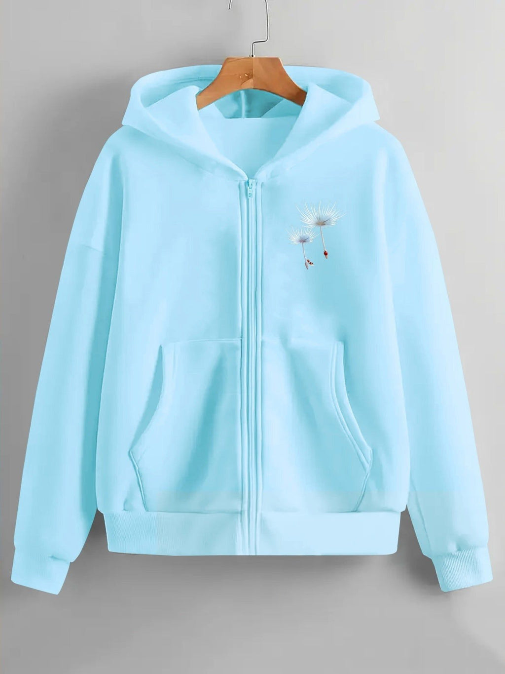 Fashionable Printed Design with Dandelion and Ladybug Accents, Featuring Two-pattern Printing on the Front and Back - Y2K Casual Style Zip-up Hoodie - Stylish and Comfortable Zip-up Jacket - Casual Sportswear Suitable for All Seasons |