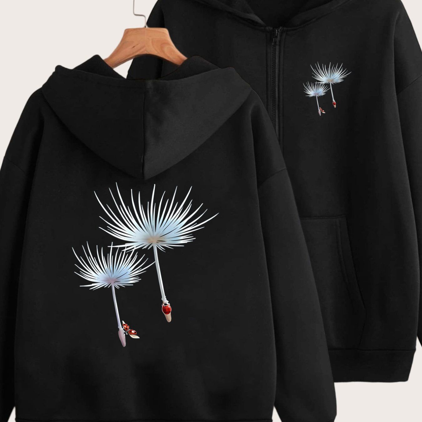 Fashionable Printed Design with Dandelion and Ladybug Accents, Featuring Two-pattern Printing on the Front and Back - Y2K Casual Style Zip-up Hoodie - Stylish and Comfortable Zip-up Jacket - Casual Sportswear Suitable for All Seasons |