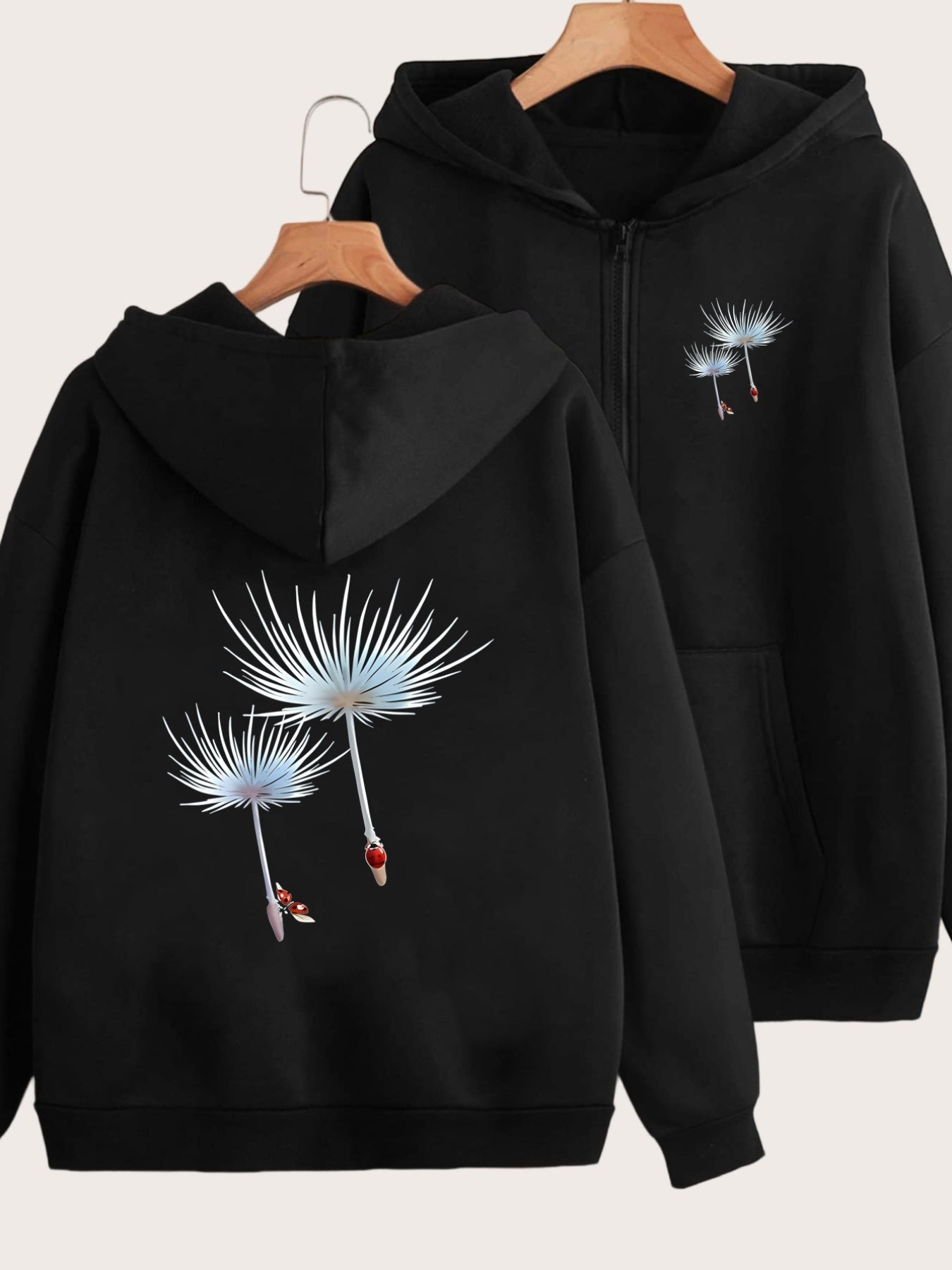 Fashionable Printed Design with Dandelion and Ladybug Accents, Featuring Two-pattern Printing on the Front and Back - Y2K Casual Style Zip-up Hoodie - Stylish and Comfortable Zip-up Jacket - Casual Sportswear Suitable for All Seasons |