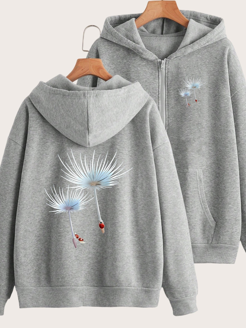 Fashionable Printed Design with Dandelion and Ladybug Accents, Featuring Two-pattern Printing on the Front and Back - Y2K Casual Style Zip-up Hoodie - Stylish and Comfortable Zip-up Jacket - Casual Sportswear Suitable for All Seasons |