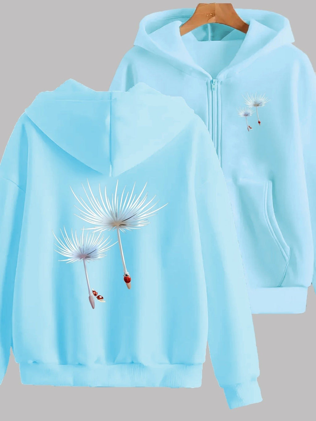 Fashionable Printed Design with Dandelion and Ladybug Accents, Featuring Two-pattern Printing on the Front and Back - Y2K Casual Style Zip-up Hoodie - Stylish and Comfortable Zip-up Jacket - Casual Sportswear Suitable for All Seasons |