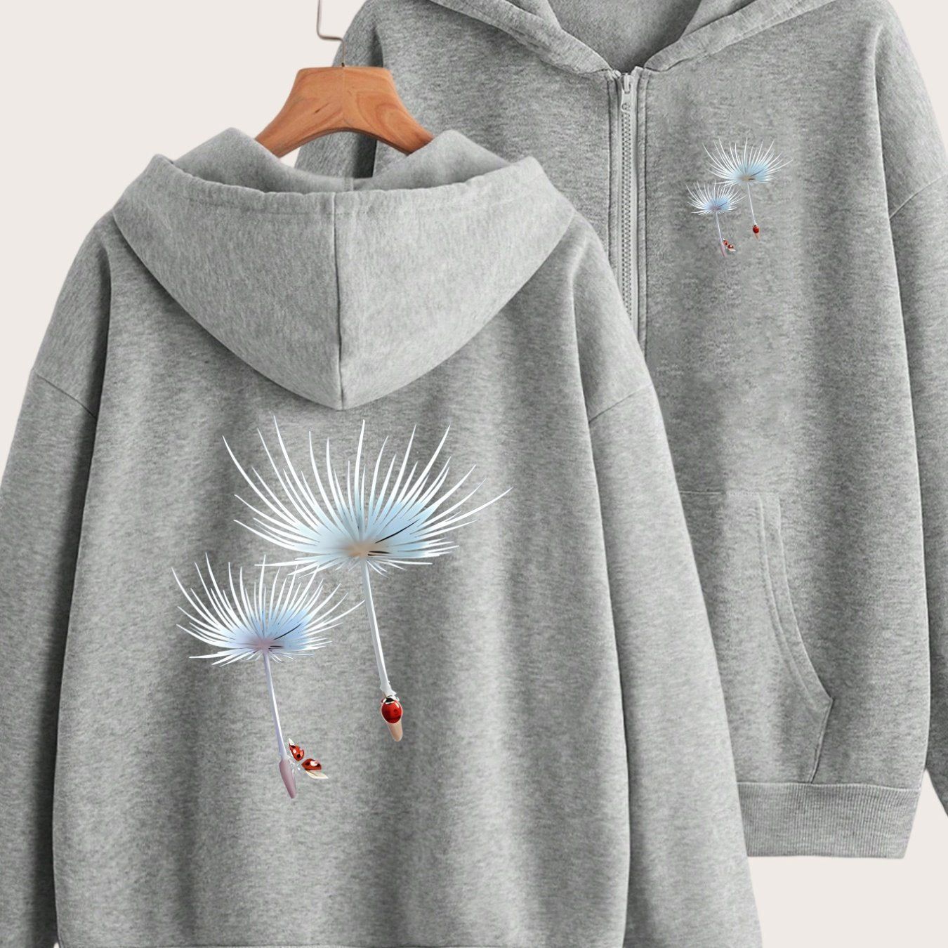 Fashionable Printed Design with Dandelion and Ladybug Accents, Featuring Two-pattern Printing on the Front and Back - Y2K Casual Style Zip-up Hoodie - Stylish and Comfortable Zip-up Jacket - Casual Sportswear Suitable for All Seasons |