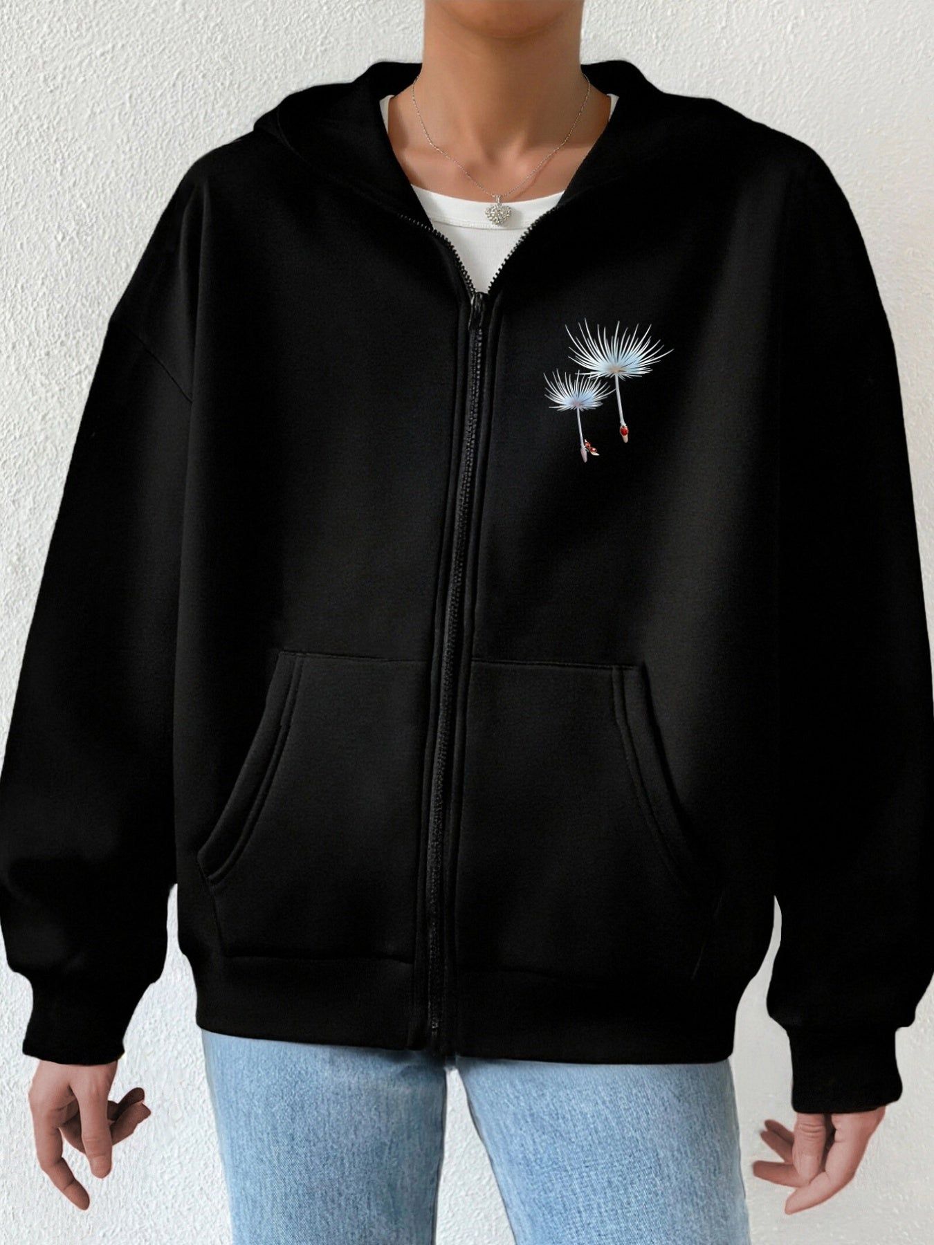 Fashionable Printed Design with Dandelion and Ladybug Accents, Featuring Two-pattern Printing on the Front and Back - Y2K Casual Style Zip-up Hoodie - Stylish and Comfortable Zip-up Jacket - Casual Sportswear Suitable for All Seasons |