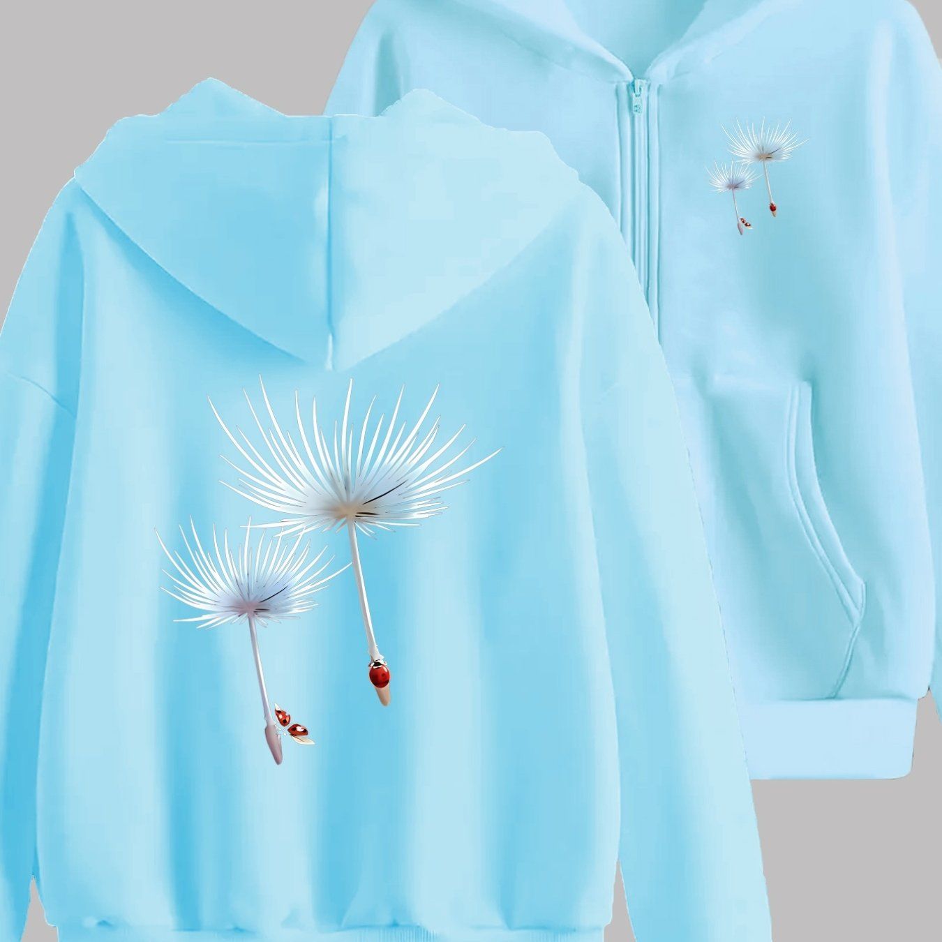 Fashionable Printed Design with Dandelion and Ladybug Accents, Featuring Two-pattern Printing on the Front and Back - Y2K Casual Style Zip-up Hoodie - Stylish and Comfortable Zip-up Jacket - Casual Sportswear Suitable for All Seasons |