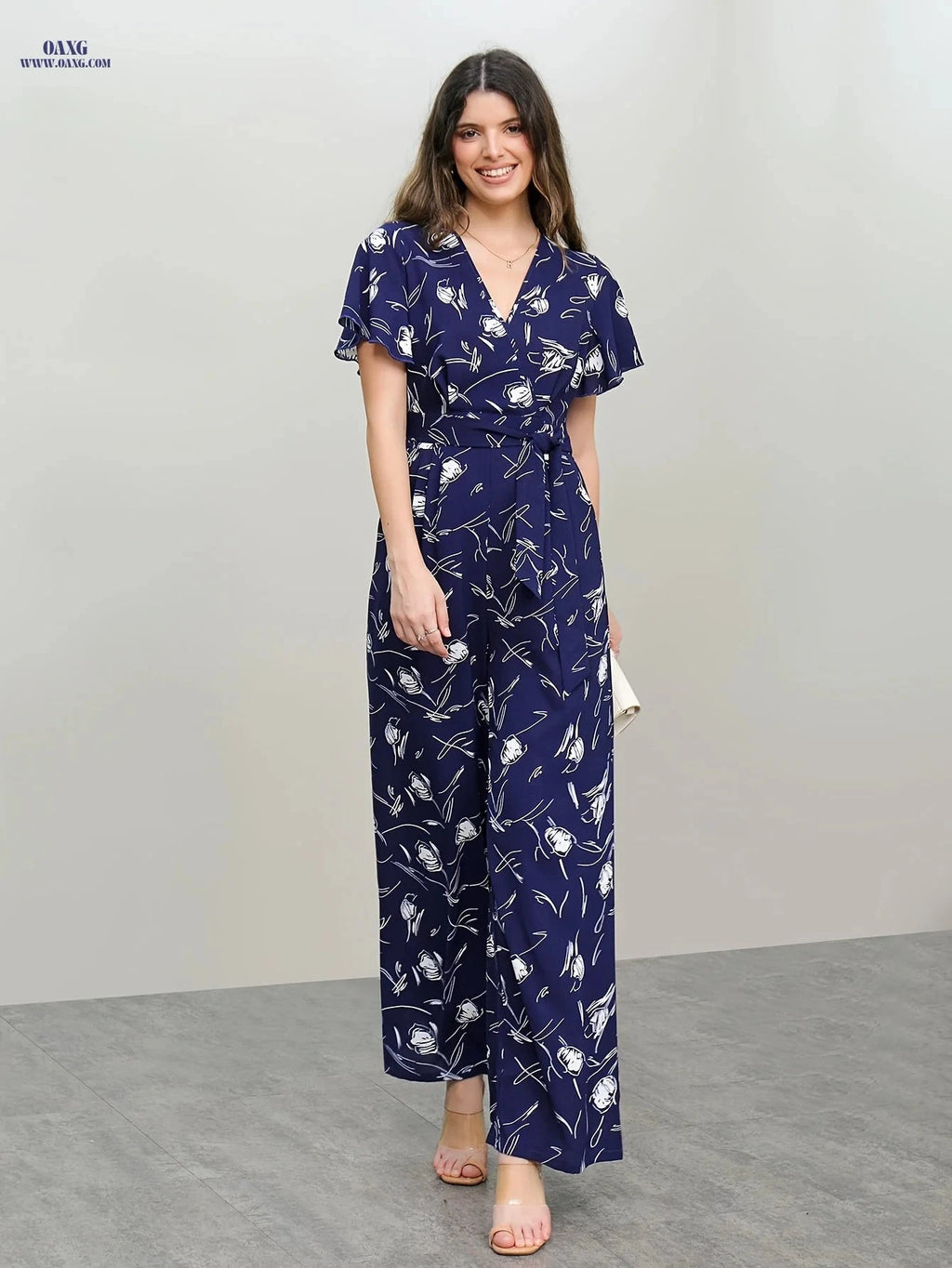 Fashionable Printed Jumpsuit for Women - Elegant Belted Romper   OAXG 