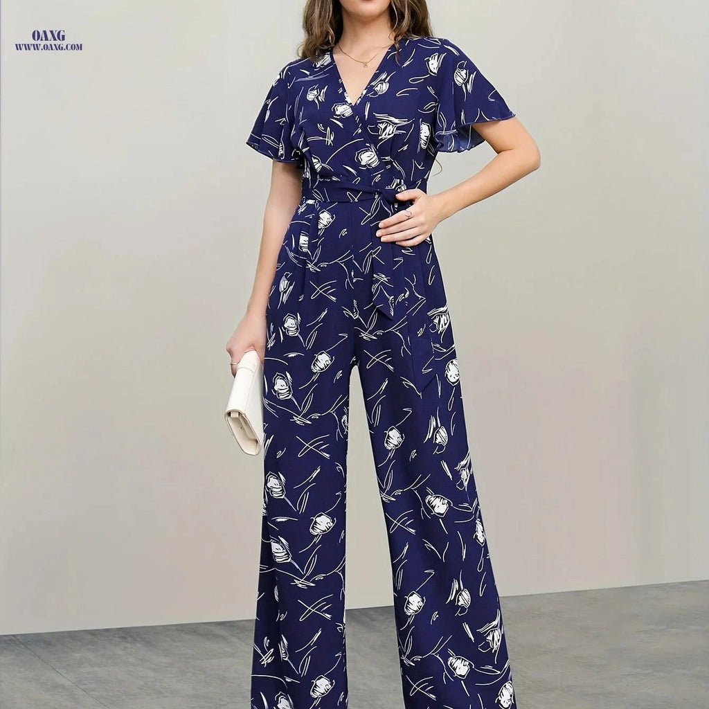 Fashionable Printed Jumpsuit for Women - Elegant Belted Romper   OAXG Dark Blue / S