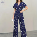 Fashionable Printed Jumpsuit for Women - Elegant Belted Romper   OAXG Dark Blue / S