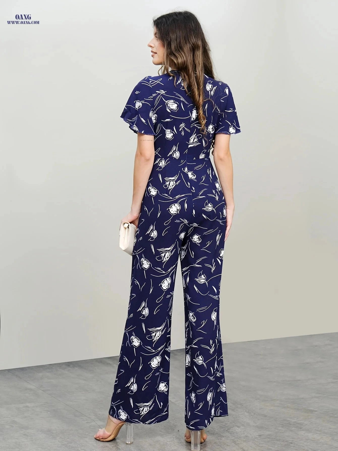 Fashionable Printed Jumpsuit for Women - Elegant Belted Romper   OAXG Dark Blue / S