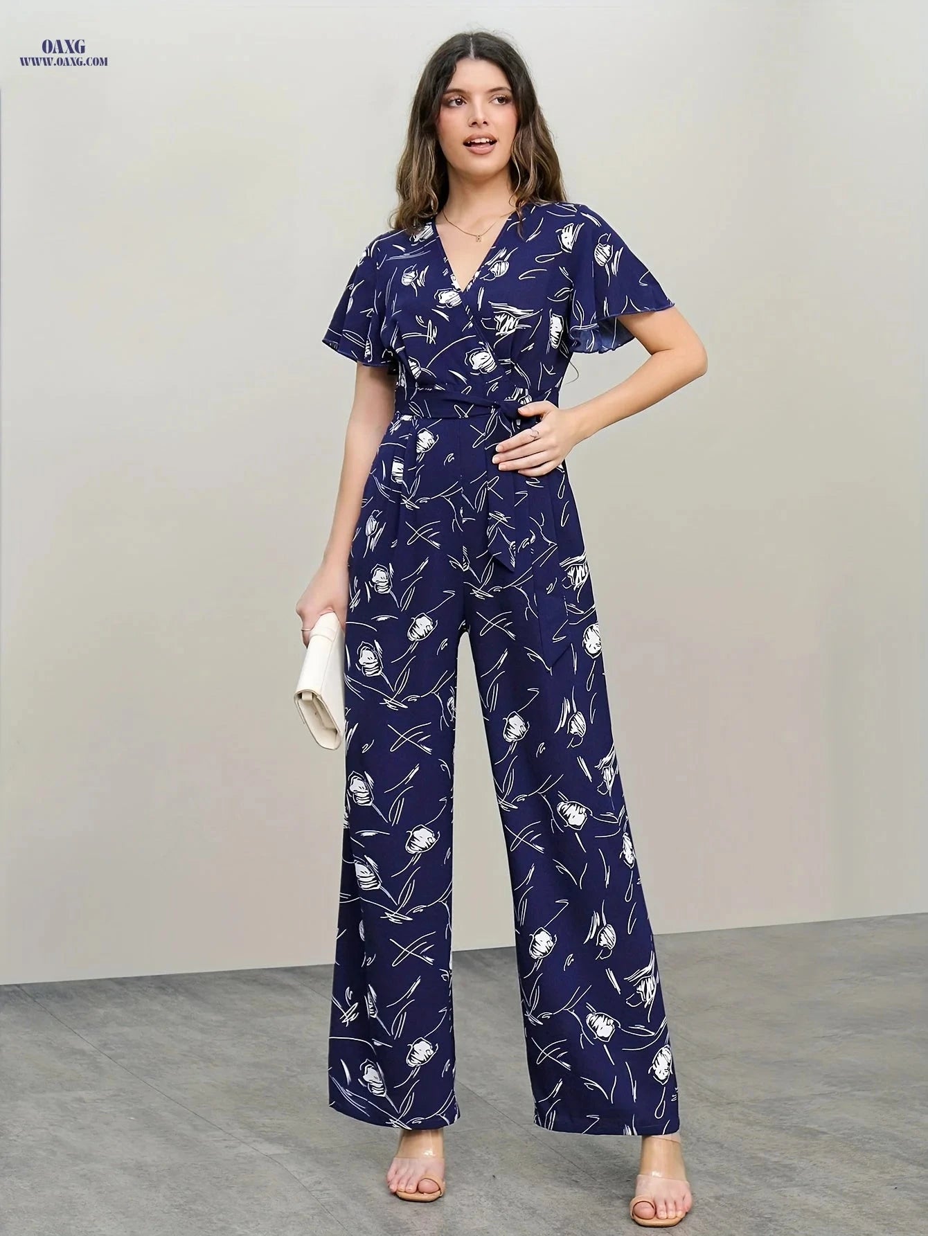 Fashionable Printed Jumpsuit for Women - Elegant Belted Romper   OAXG Dark Blue / S