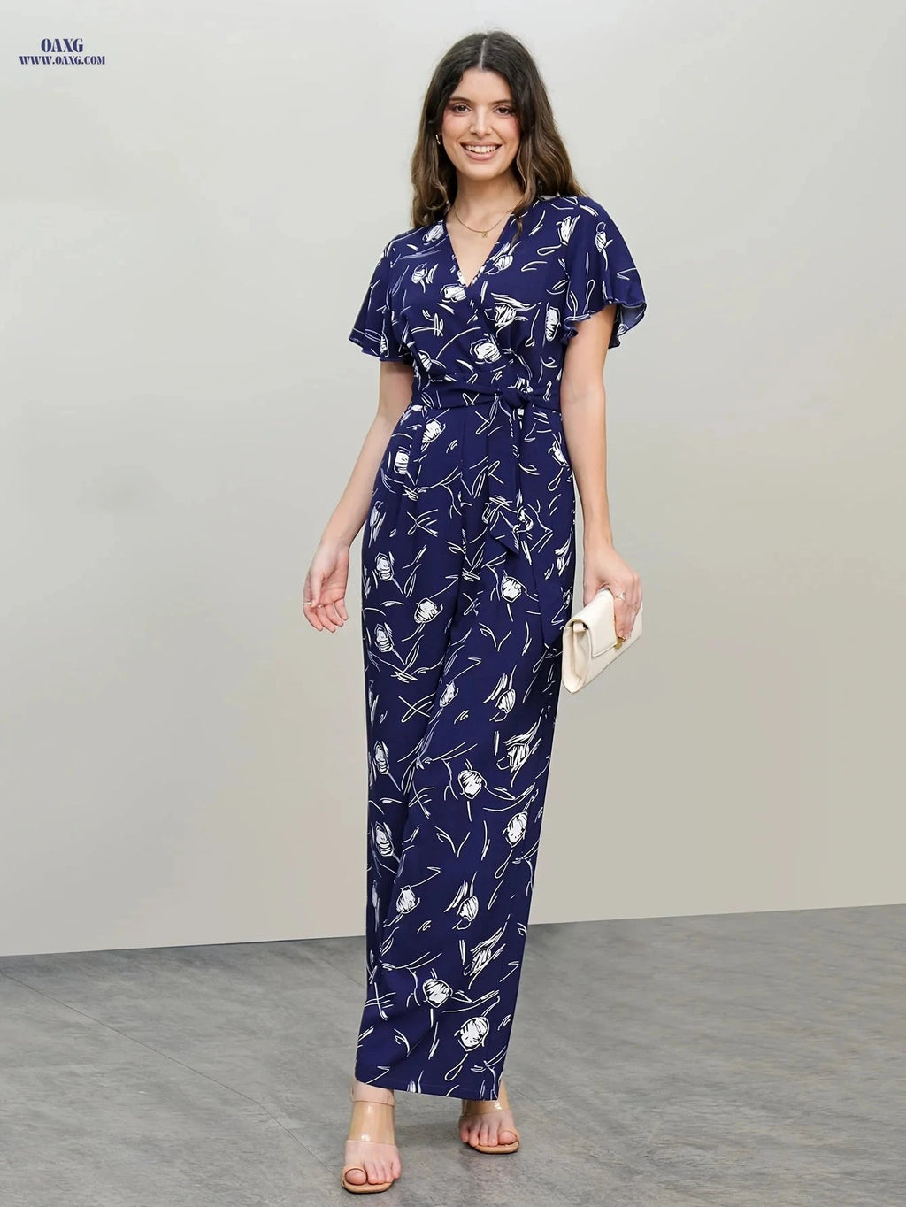 Fashionable Printed Jumpsuit for Women - Elegant Belted Romper   OAXG 