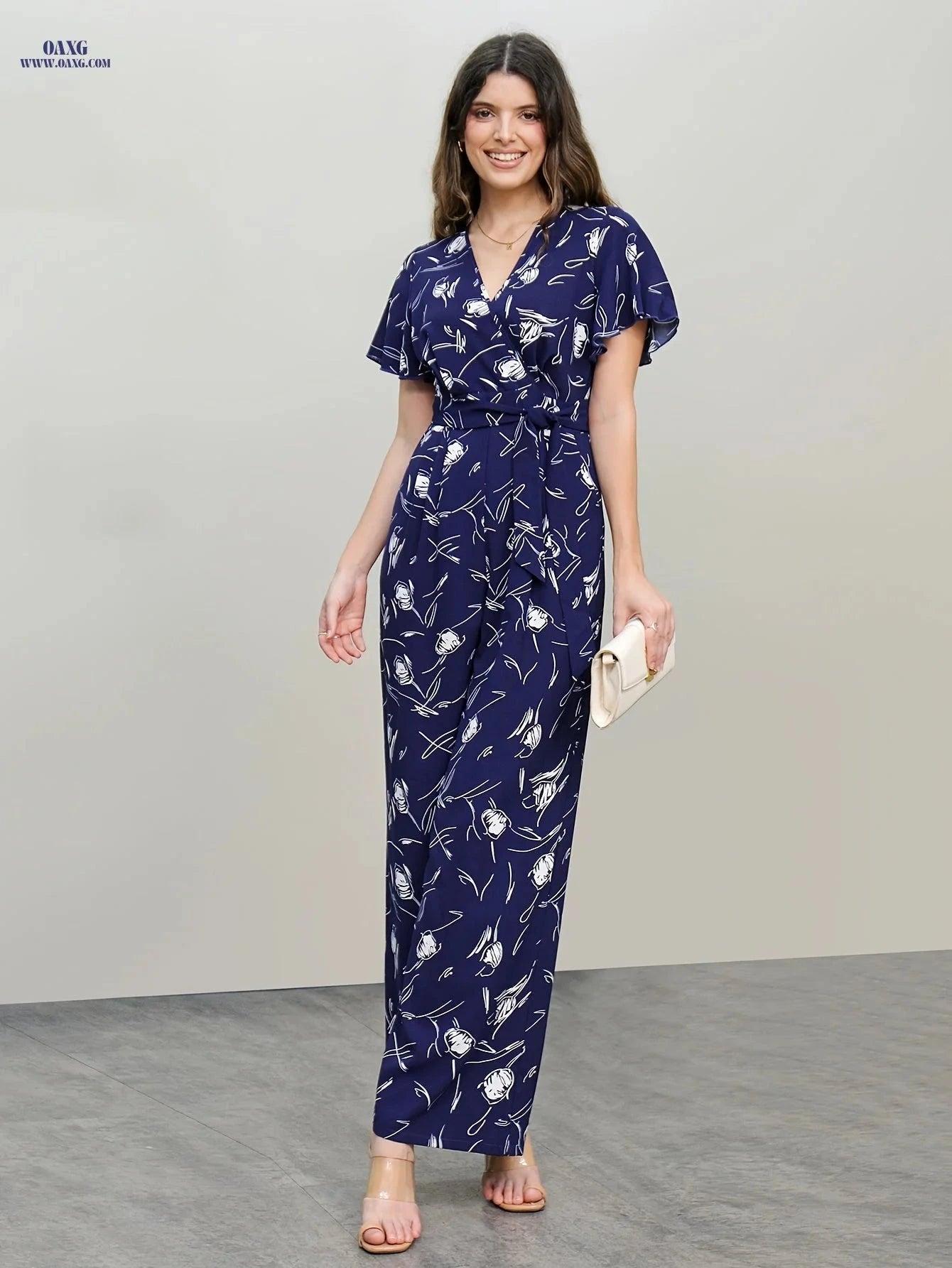 Fashionable Printed Jumpsuit for Women - Elegant Belted Romper   OAXG 