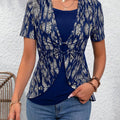 Fashionable Short-Sleeve T-Shirt with a Gold-Printed Design And a Fitted Twist-Knot Look   OAXG Royal Blue / S