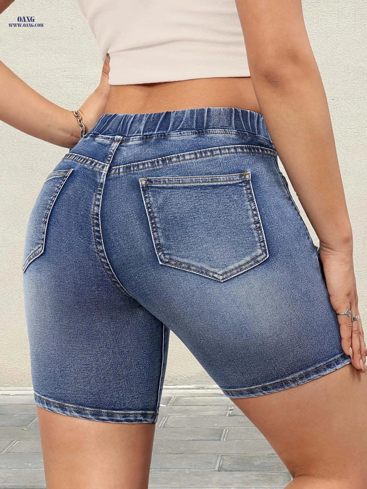 Fashionable Stretchy Blue Drawstring Shorts - Distressed Casual Style   OAXG 