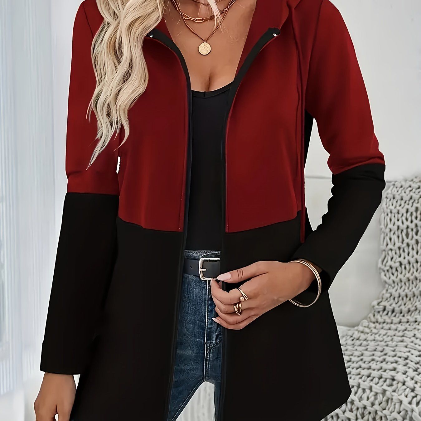 Fashionable Two-Tone Black and Red Women's Hoodie - Casual, Long Sleeve, with Zipper and Drawstring Hood, Machine Washable - Four-Season Fashion Color Block Design, Stylish and Versatile   OAXG Mixed colors / S