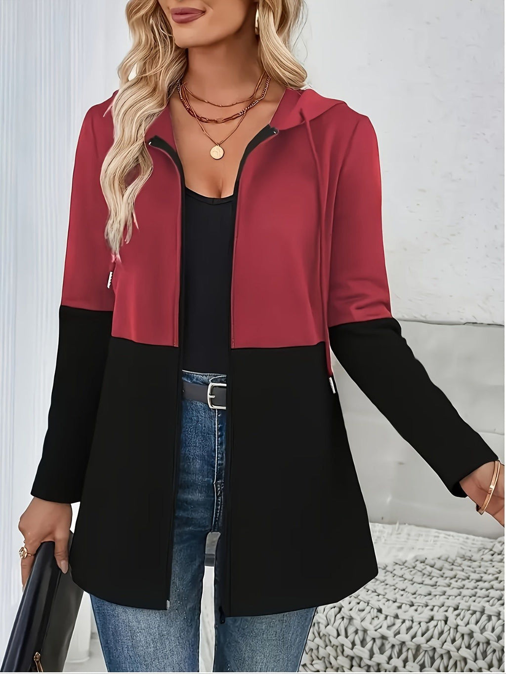 Fashionable Two-Tone Black Red Women's Hoodie - Long Sleeve, Zippered   OAXG Mixed colors / S