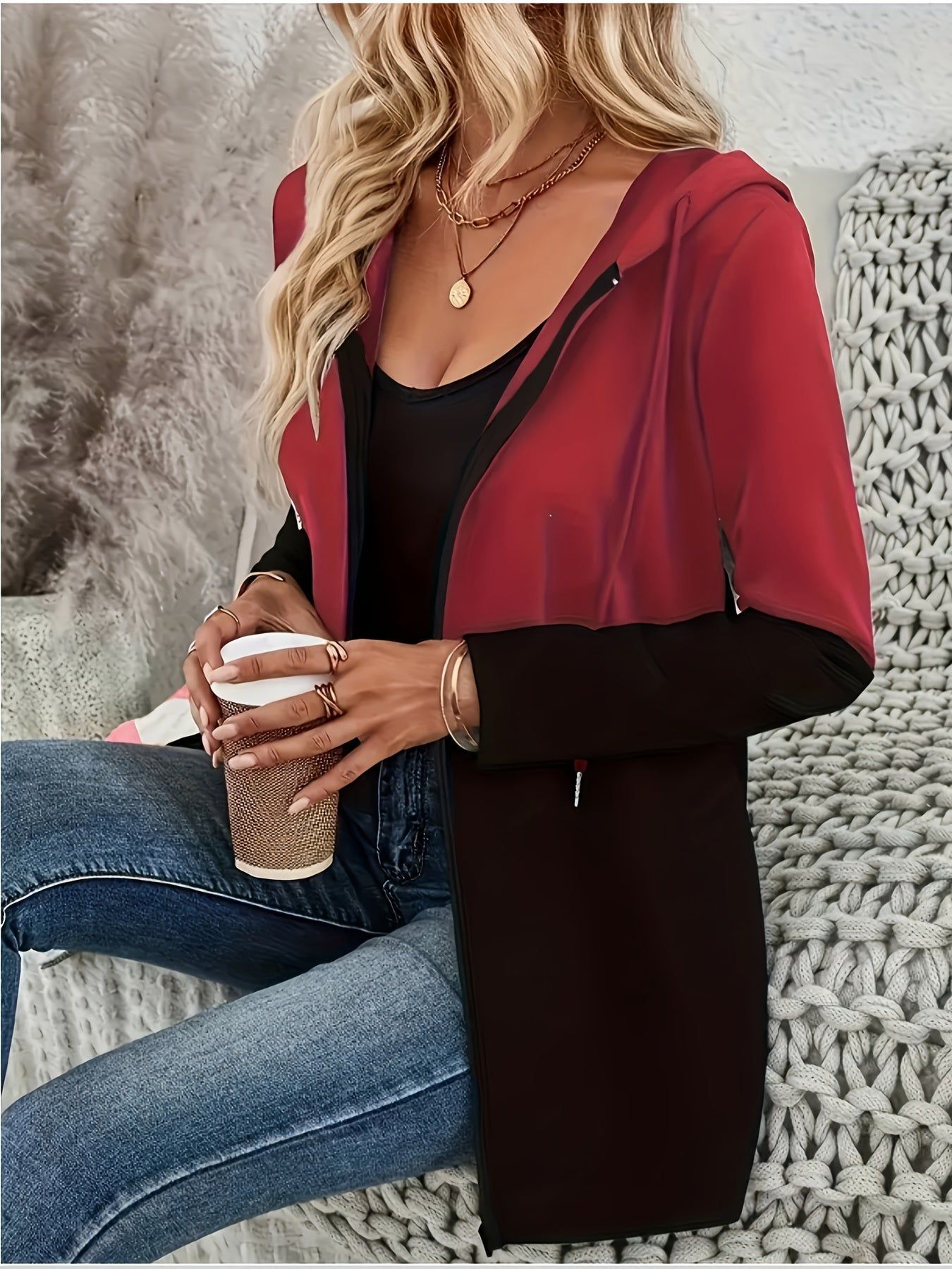 Fashionable Two-Tone Black Red Women's Hoodie - Long Sleeve, Zippered   OAXG Mixed colors / S