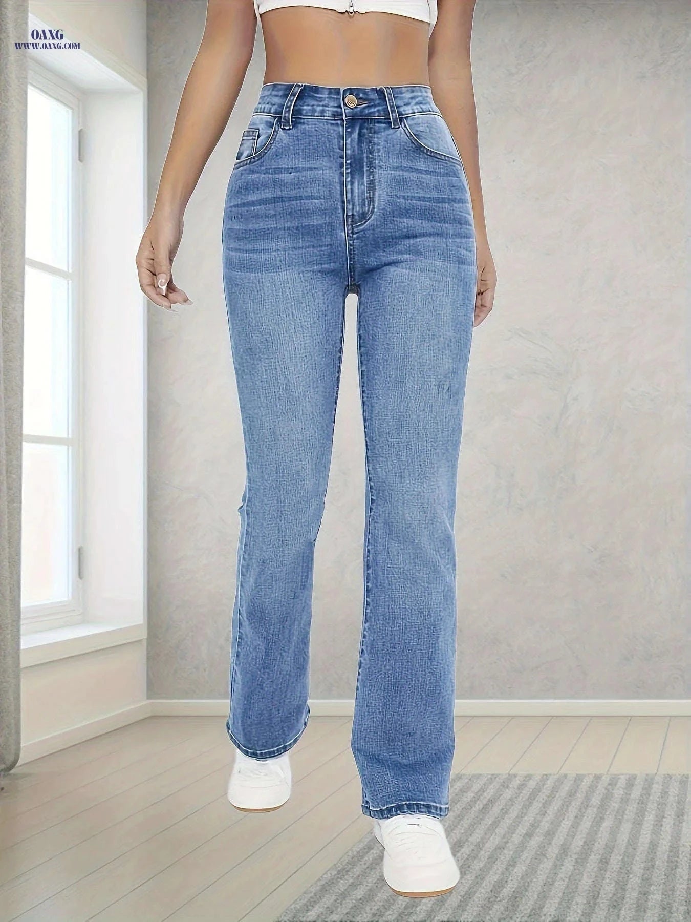 Fashionable Women's Fitted Flare Jeans - High Waist, Long Length   OAXG Sky Blue / XS