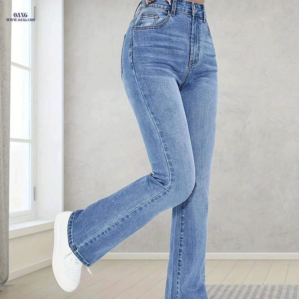 Fashionable Women's Fitted Flare Jeans - High Waist, Long Length   OAXG Sky Blue / XS