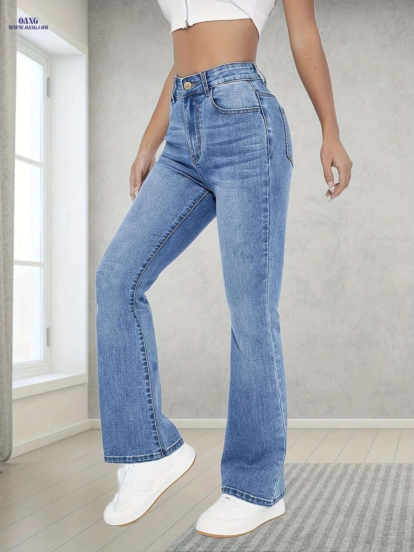 Fashionable Women's Fitted Flare Jeans - High Waist, Long Length   OAXG Sky Blue / XS