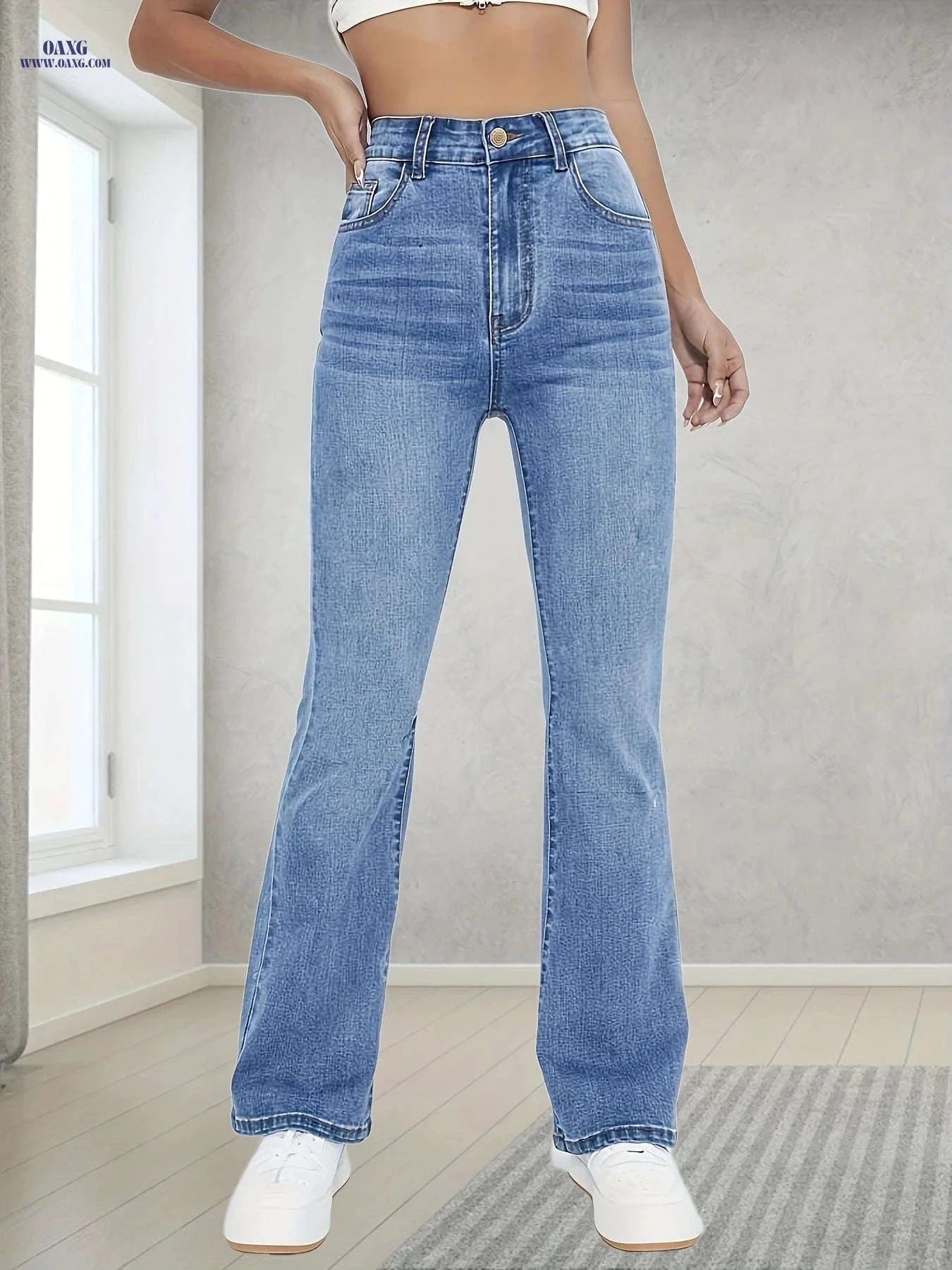 Fashionable Women's Fitted Flare Jeans - High Waist, Long Length   OAXG Sky Blue / XS