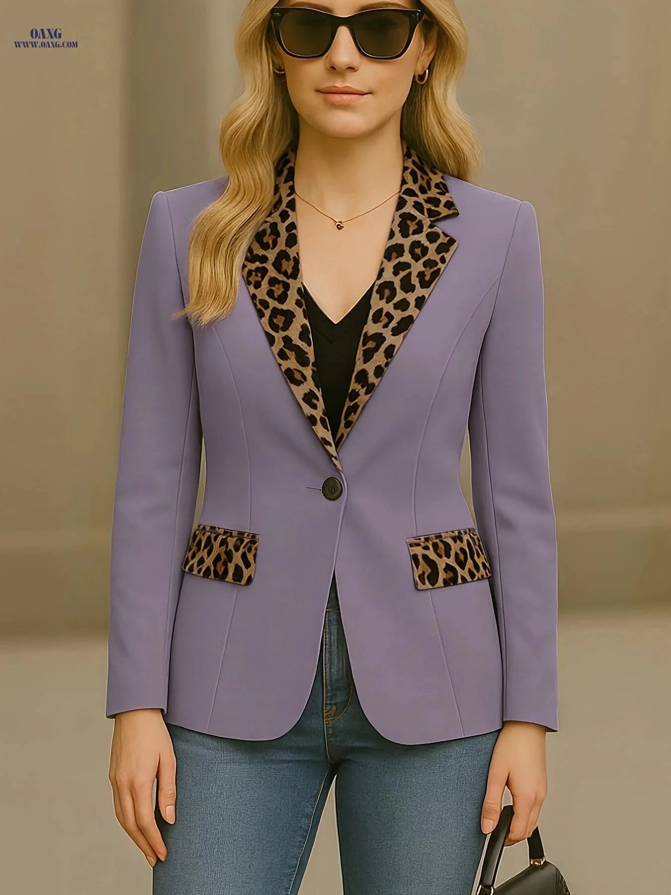 Fashionable Women's Leopard Print Blazer - Elegant & Professional Style   OAXG Black / S