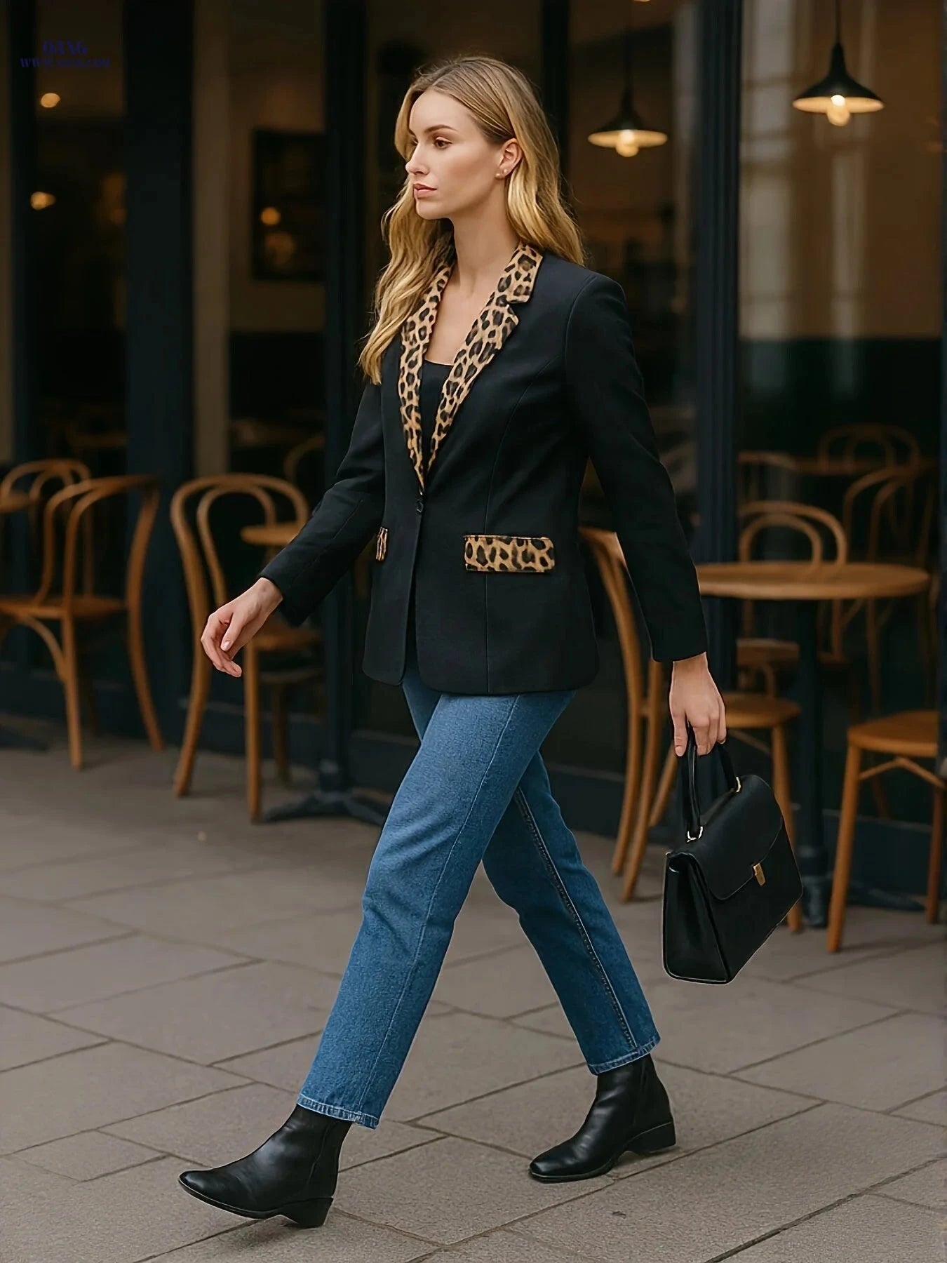 Fashionable Women's Leopard Print Blazer - Elegant & Professional Style   OAXG Black / S