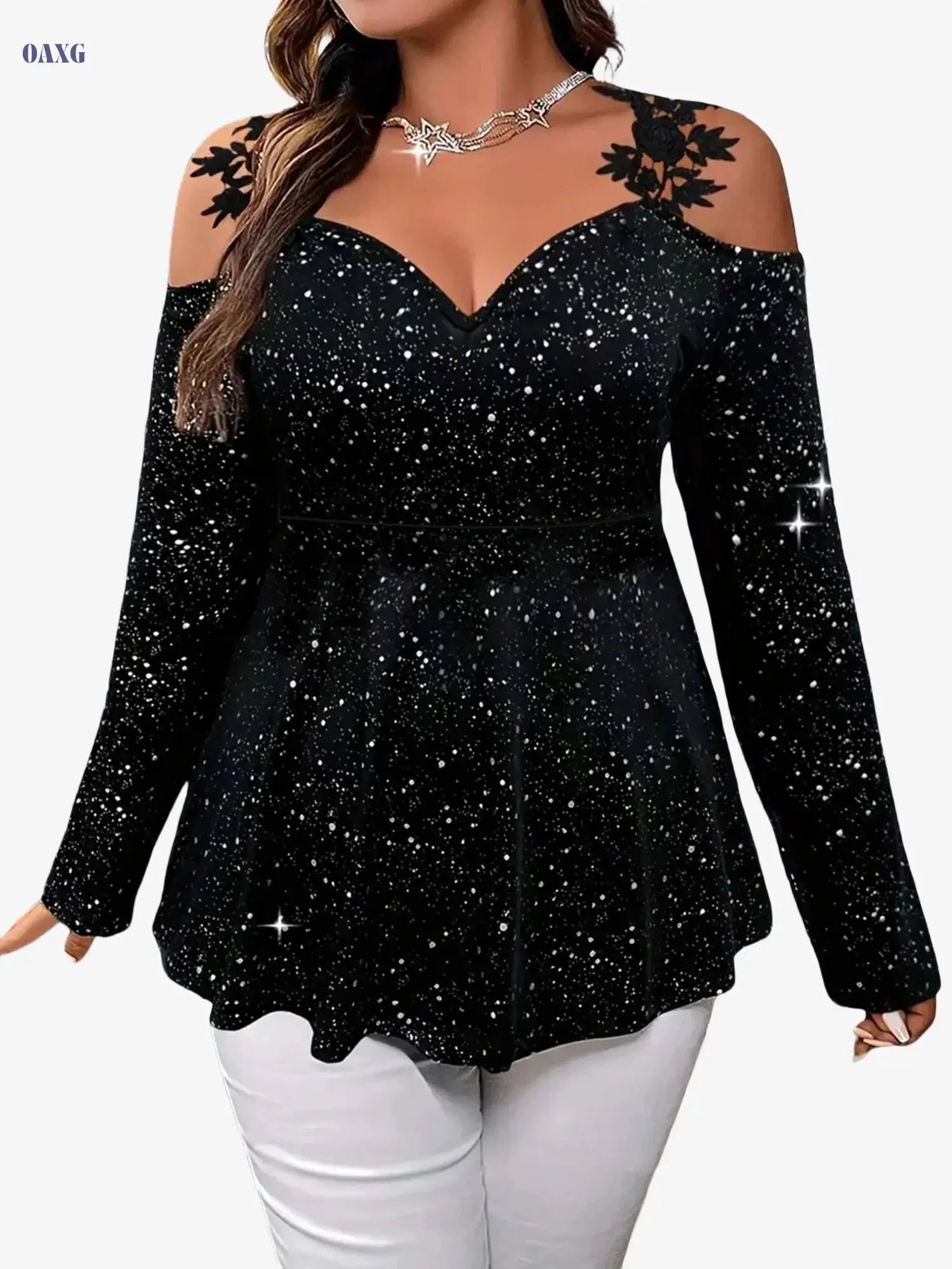 Fashionable Women's Long Sleeve V-Neck T-Shirt with Lace Detail   OAXG 