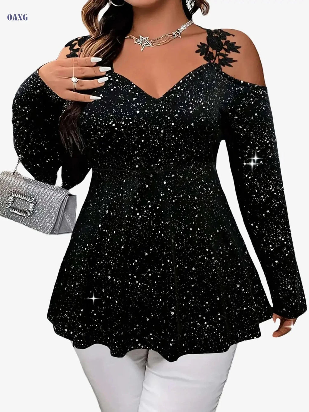 Fashionable Women's Long Sleeve V-Neck T-Shirt with Lace Detail   OAXG 