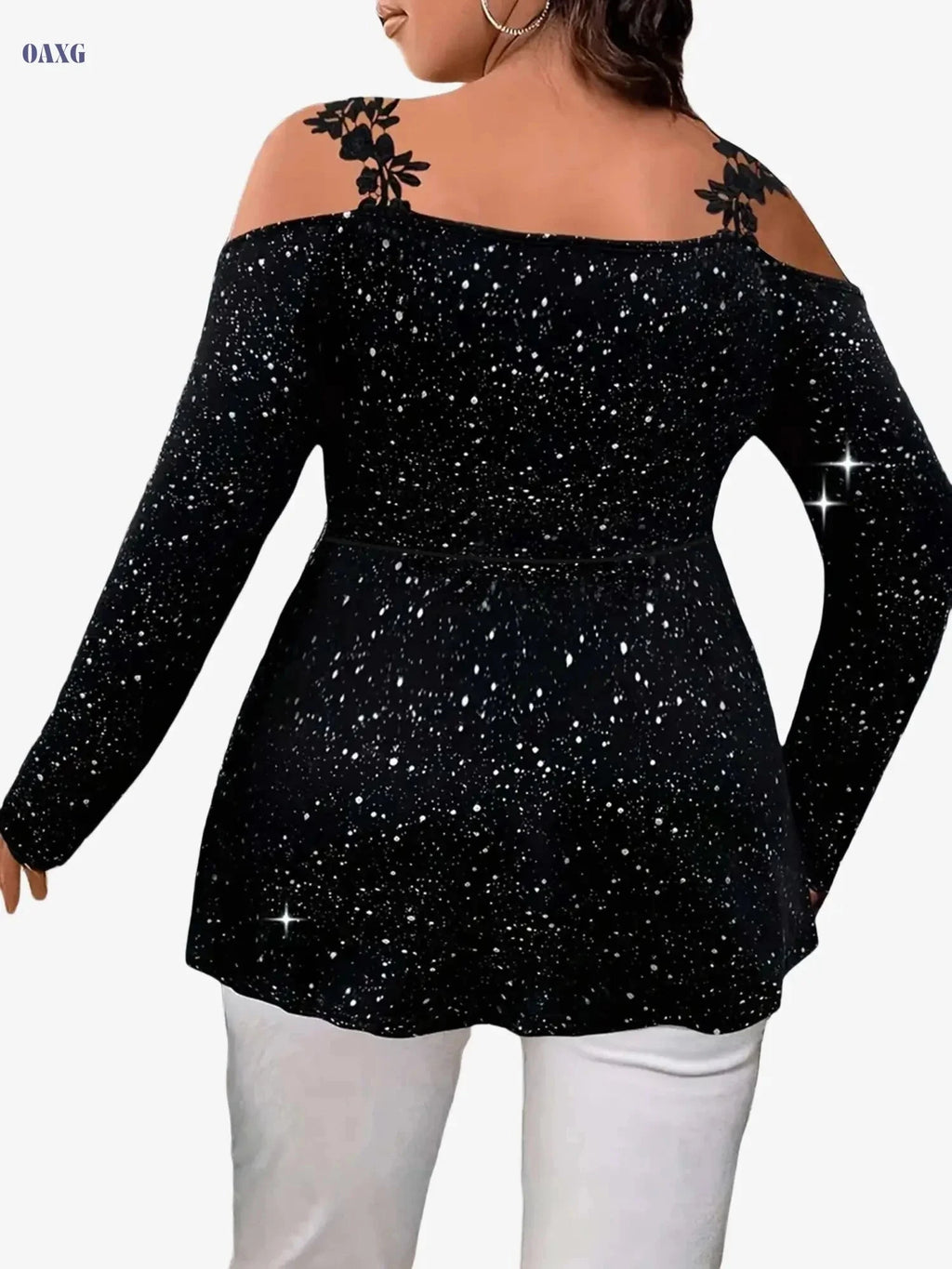 Fashionable Women's Long Sleeve V-Neck T-Shirt with Lace Detail   OAXG 
