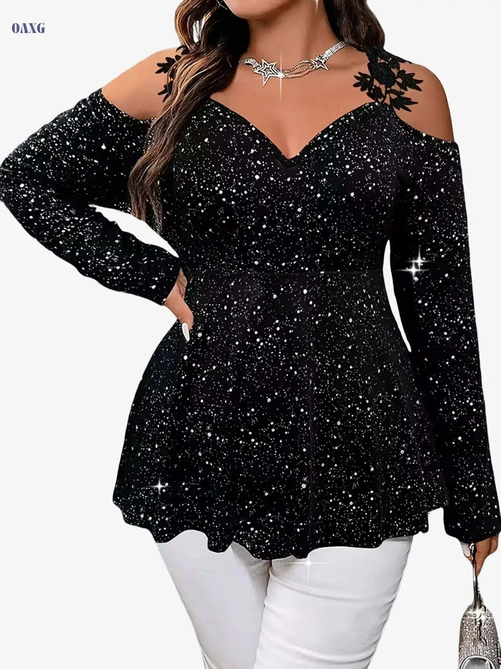 Fashionable Women's Long Sleeve V-Neck T-Shirt with Lace Detail   OAXG Black / S
