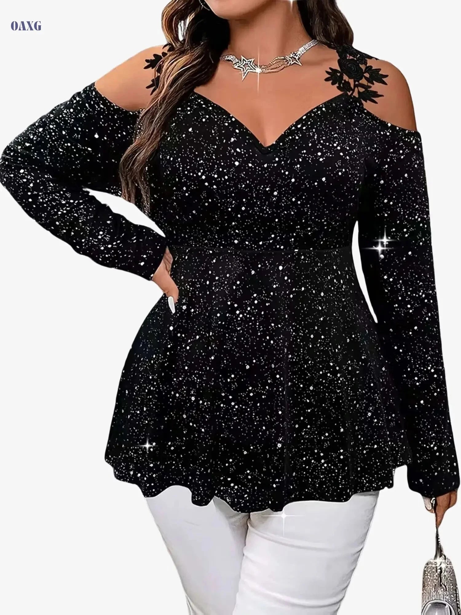 Fashionable Women's Long Sleeve V-Neck T-Shirt with Lace Detail   OAXG 