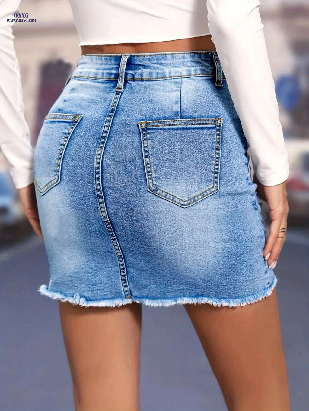 Fashionable Women's Ripped Hem Denim Skirt - Stretchy & Versatile   OAXG Blue / XS