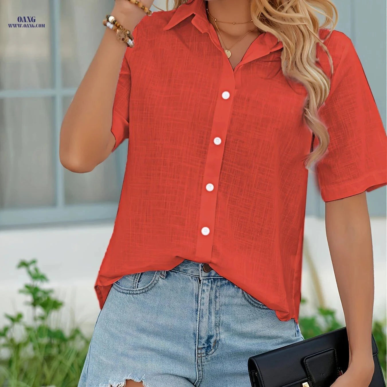 Fashionable Women's Short-Sleeved Shirt - Elegant Semi-Sheer Cotton   OAXG Light Purple / XS