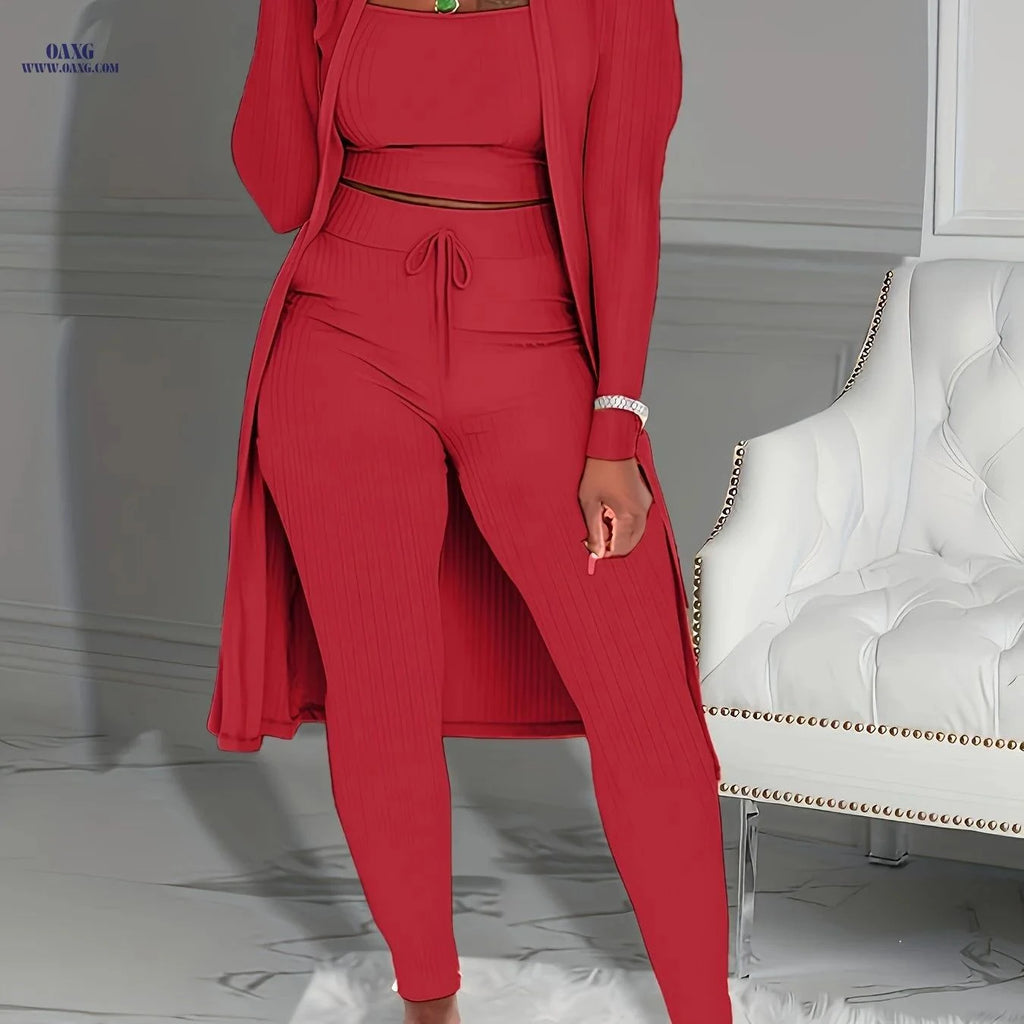Fashionable Women's Solid 3-Piece Set - All-Season Comfort & Style   OAXG Scarlet red / S