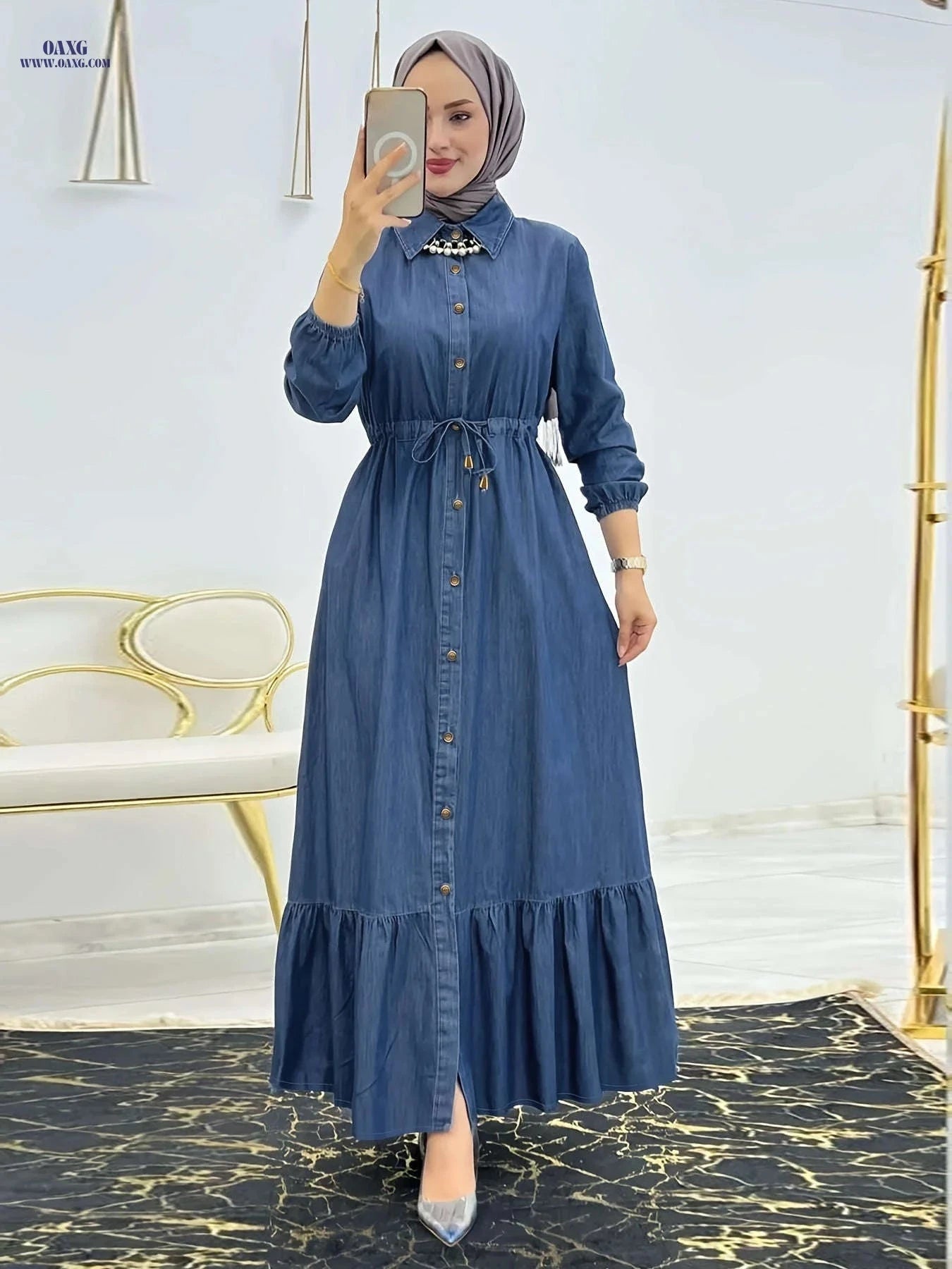 Faux Denim Collared Dress - Middle Eastern Style Waist-Tied Design   OAXG 