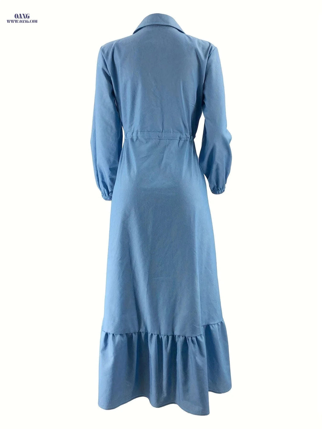 Faux Denim Collared Dress - Middle Eastern Style Waist-Tied Design   OAXG Navy Blue / S