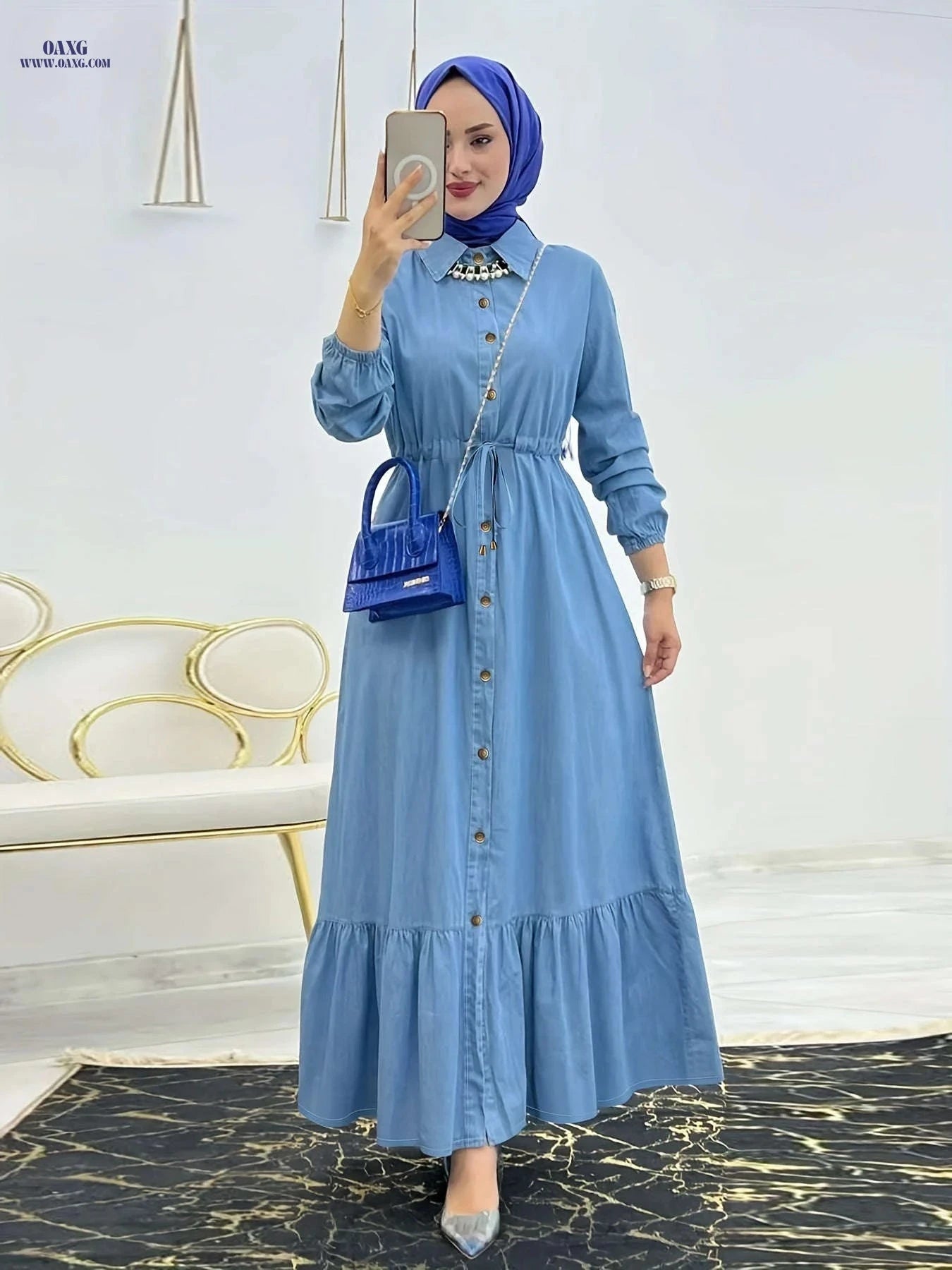 Faux Denim Collared Dress - Middle Eastern Style Waist-Tied Design   OAXG Navy Blue / S